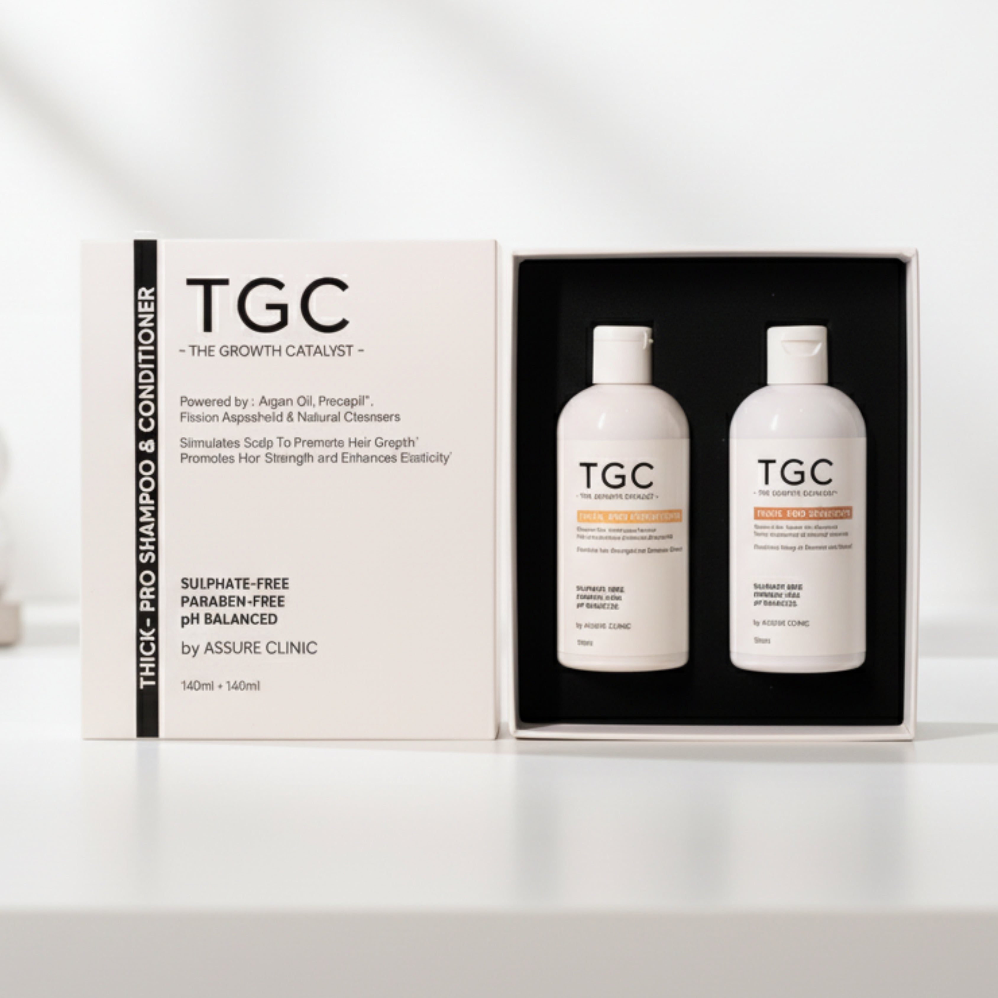 TGC The Growth Catalyst by Assure Clinic l Thick Pro Shampoo & Conditioner Set – Volumizing, Strengthening Formula for Fuller Hair l Sulphate-Free, Paraben-Free l Procapil, Argan Oil – 2 x 140ml