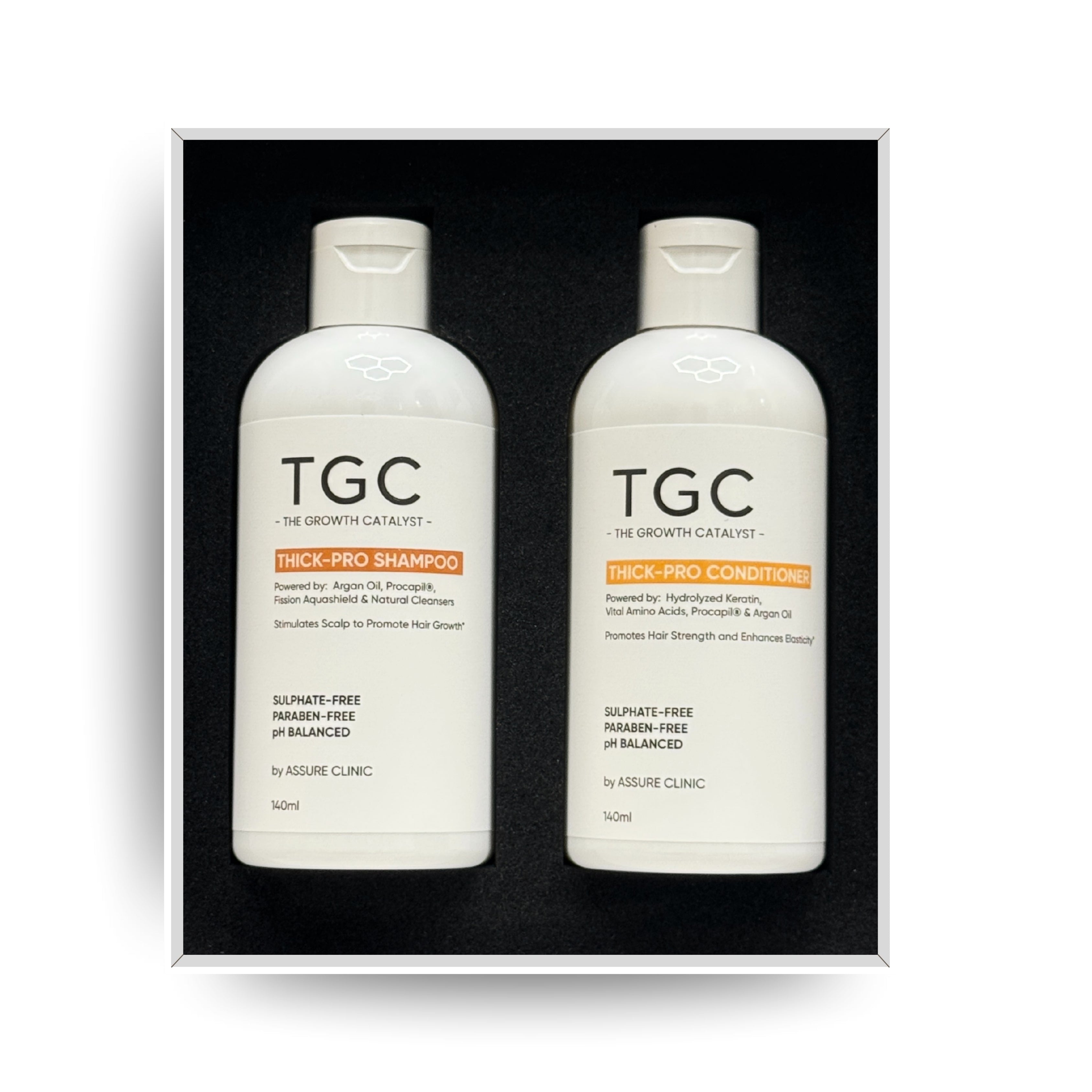 TGC The Growth Catalyst by Assure Clinic l Thick Pro Shampoo & Conditioner Set – Volumizing, Strengthening Formula for Fuller Hair l Sulphate-Free, Paraben-Free l Procapil, Argan Oil – 2 x 140ml