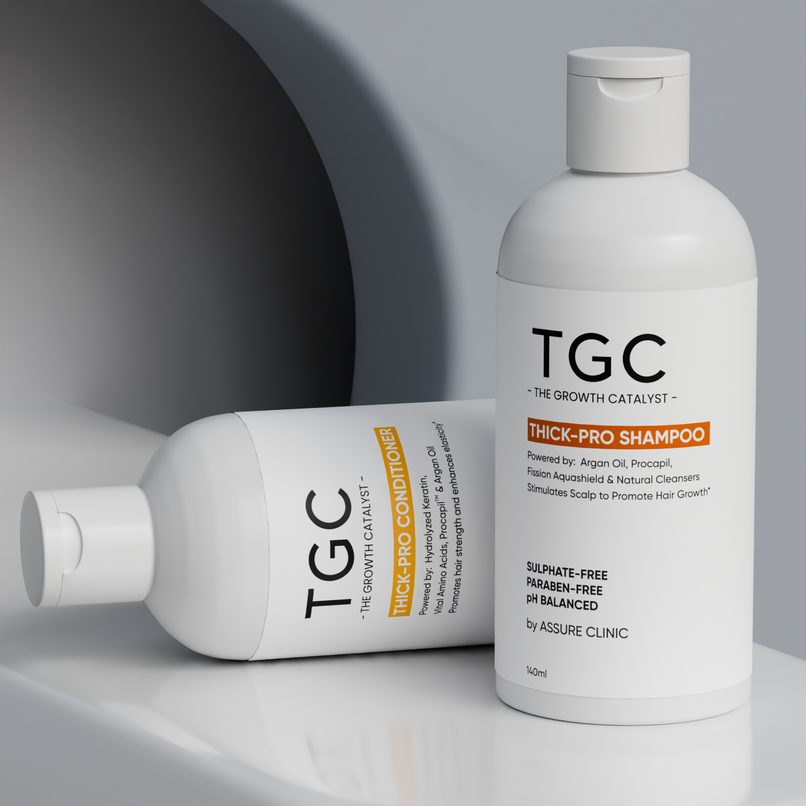 TGC The Growth Catalyst by Assure Clinic l Thick Pro Shampoo & Conditioner Set – Volumizing, Strengthening Formula for Fuller Hair l Sulphate-Free, Paraben-Free l Procapil, Argan Oil – 2 x 140ml