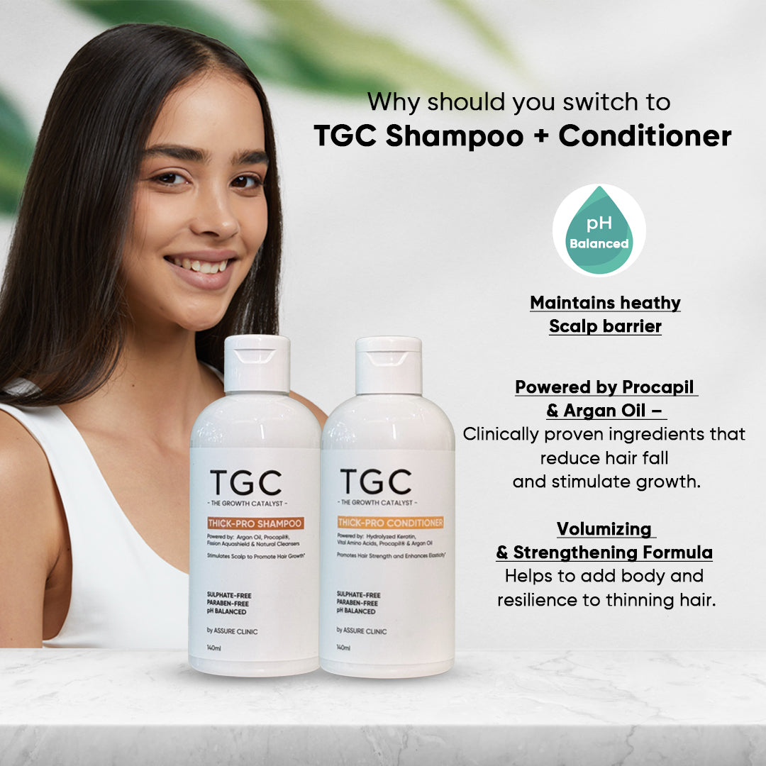 TGC The Growth Catalyst by Assure Clinic l Thick Pro Shampoo & Conditioner Set – Volumizing, Strengthening Formula for Fuller Hair l Sulphate-Free, Paraben-Free l Procapil, Argan Oil – 2 x 140ml