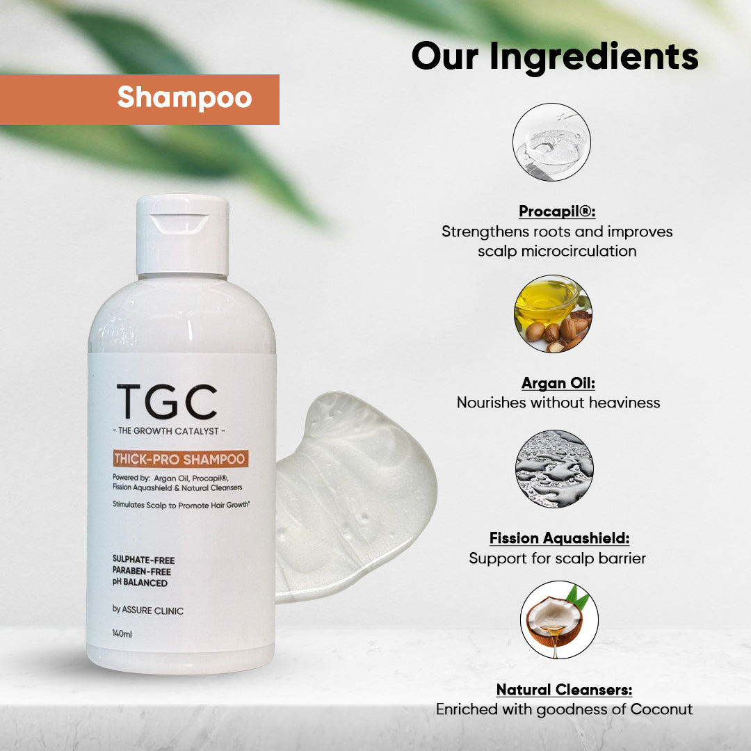 TGC The Growth Catalyst by Assure Clinic l Thick Pro Shampoo & Conditioner Set – Volumizing, Strengthening Formula for Fuller Hair l Sulphate-Free, Paraben-Free l Procapil, Argan Oil – 2 x 140ml