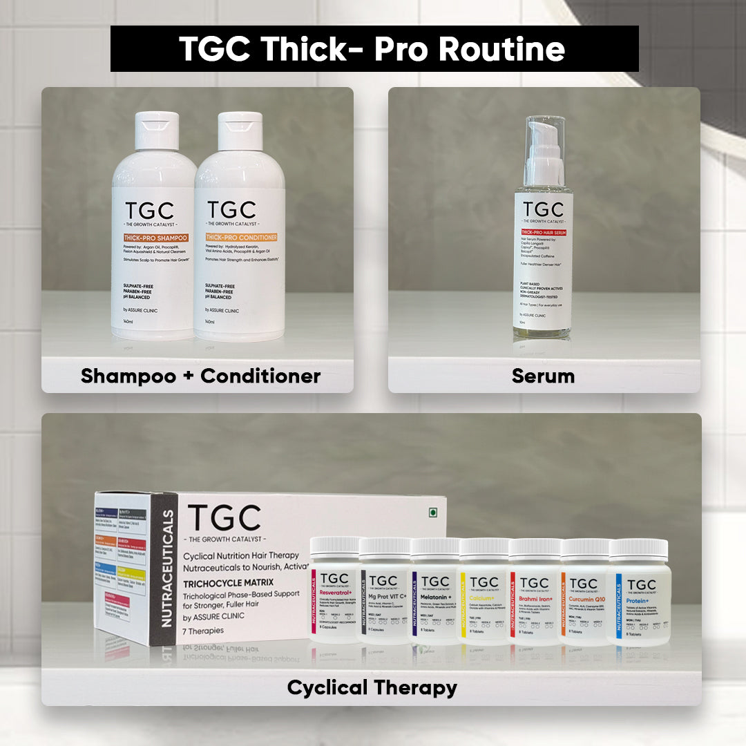 TGC The Growth Catalyst by Assure Clinic l Thick Pro Shampoo & Conditioner Set – Volumizing, Strengthening Formula for Fuller Hair l Sulphate-Free, Paraben-Free l Procapil, Argan Oil – 2 x 140ml
