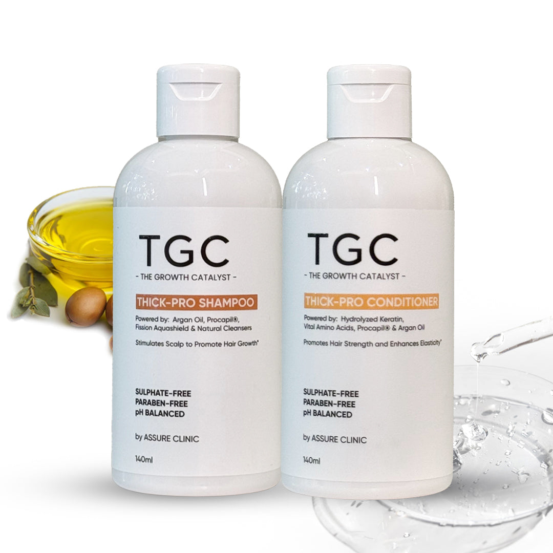 Two bottles of TGC Thick-Pro Shampoo and Conditioner with a small bowl of oil and water droplets on a white background.
